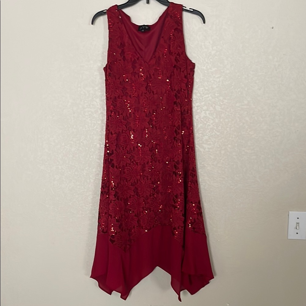 Elegant High Low Red Dress with Sequin Accents